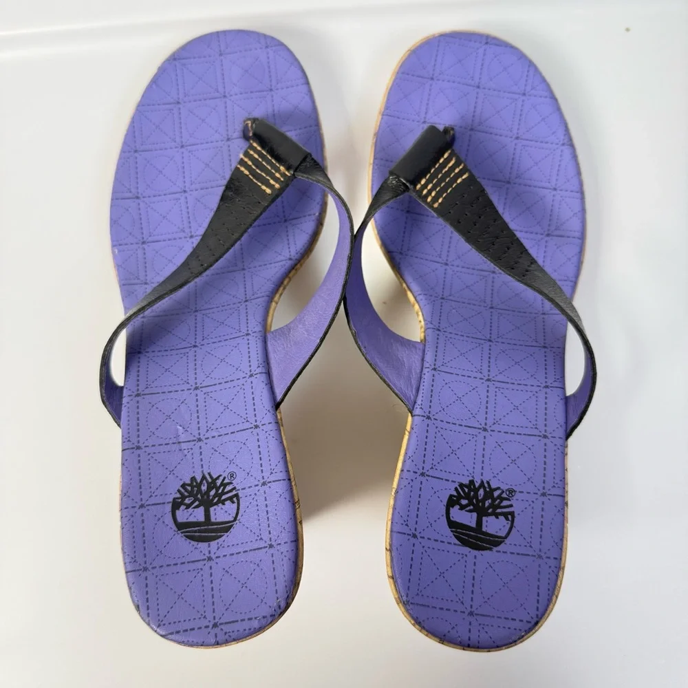 Timberland Women's Black Purple Wedge Sandals size 7 Cork Heels Casual Thong Y2K